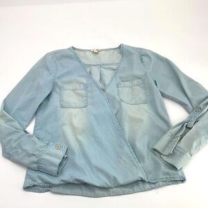 UEC G by Guess faux wrap chambray blouse size XS